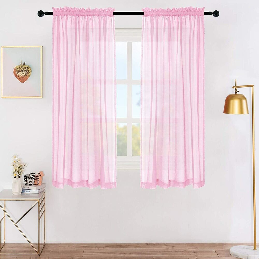 Set of 2 Sheer Window Curtains, Rods Pocket Voile Fabric 52” x 45” Pink